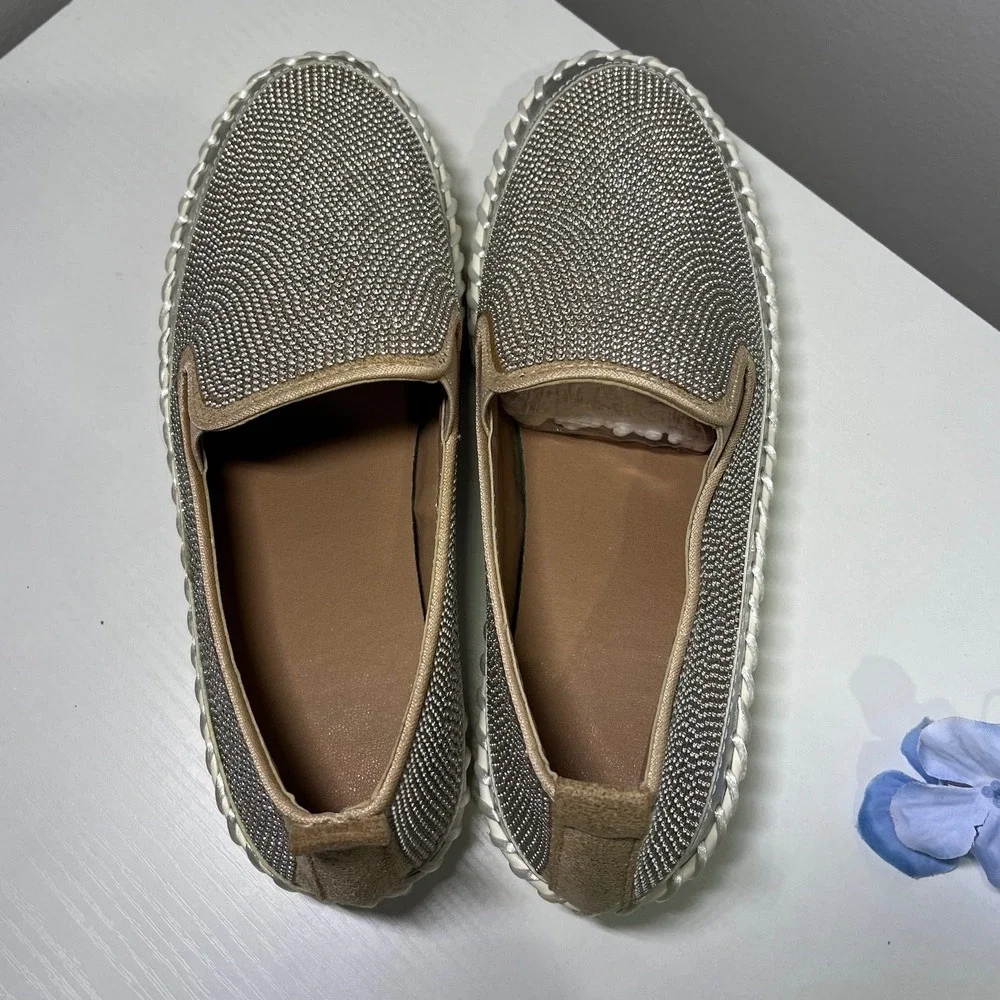 Silver Rhinestone Slip On‎ Platform Sneakers Bling Loafers Whipstitch